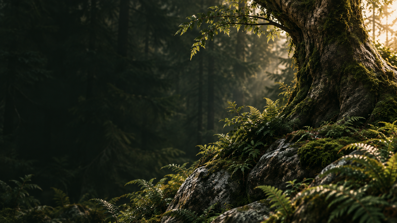 Moss-covered tree and ferns in a Pacific Northwest forest